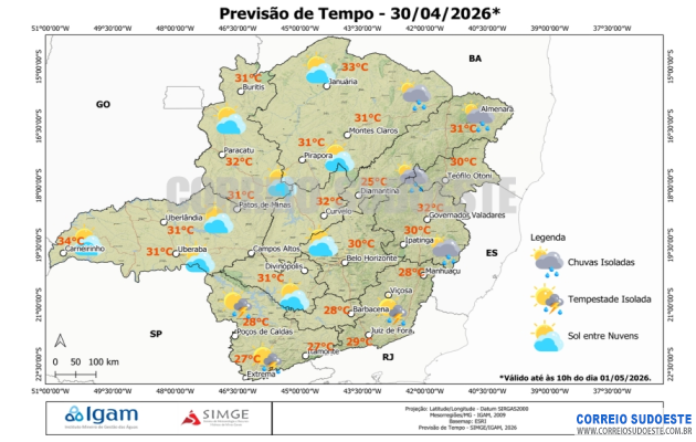 Sol-forte-e-ar-seco-dominam-Minas-Gerais,-mas-extremos-terão-tempestades